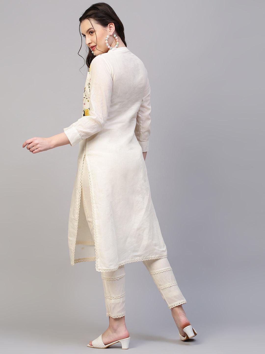 Floral Embroidered Straight Fit Kurta with Pants - Off White - Indiakreations