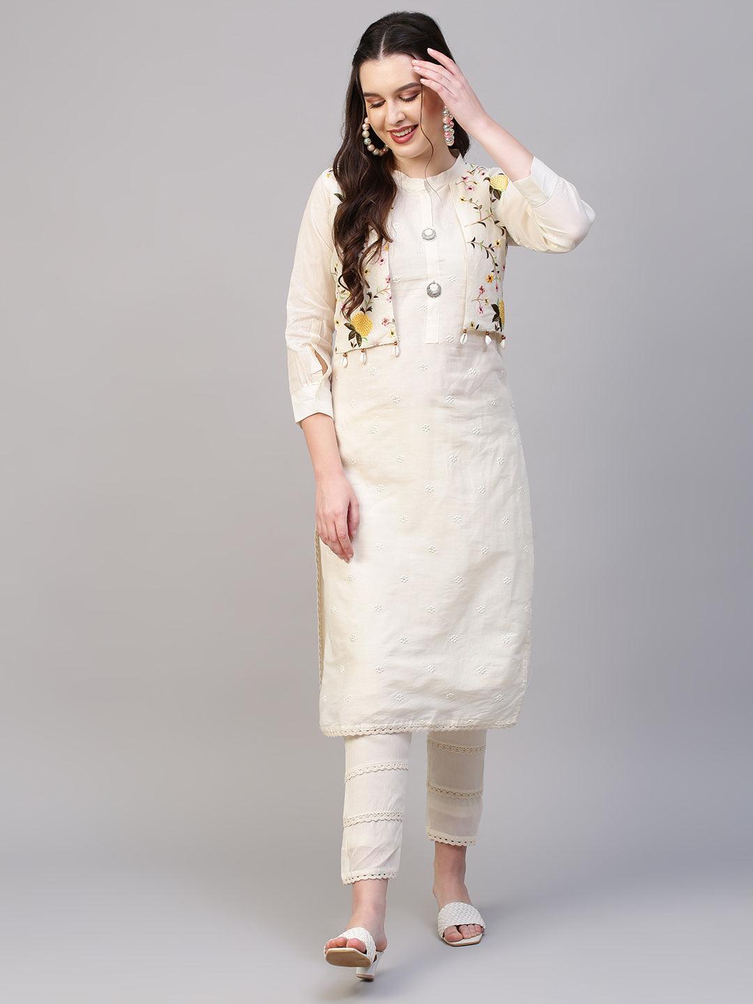 Floral Embroidered Straight Fit Kurta with Pants - Off White - Indiakreations