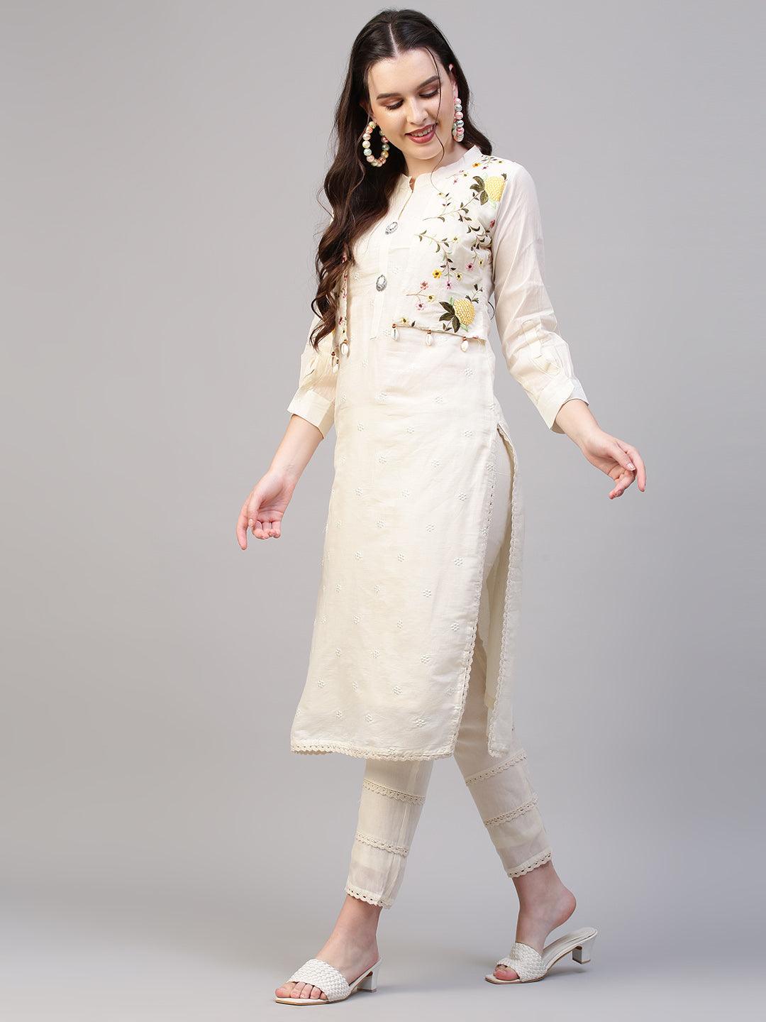 Floral Embroidered Straight Fit Kurta with Pants - Off White - Indiakreations