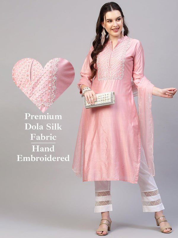 Floral Hand Embroidered Kurta with Dupatta - Pink - Indiakreations