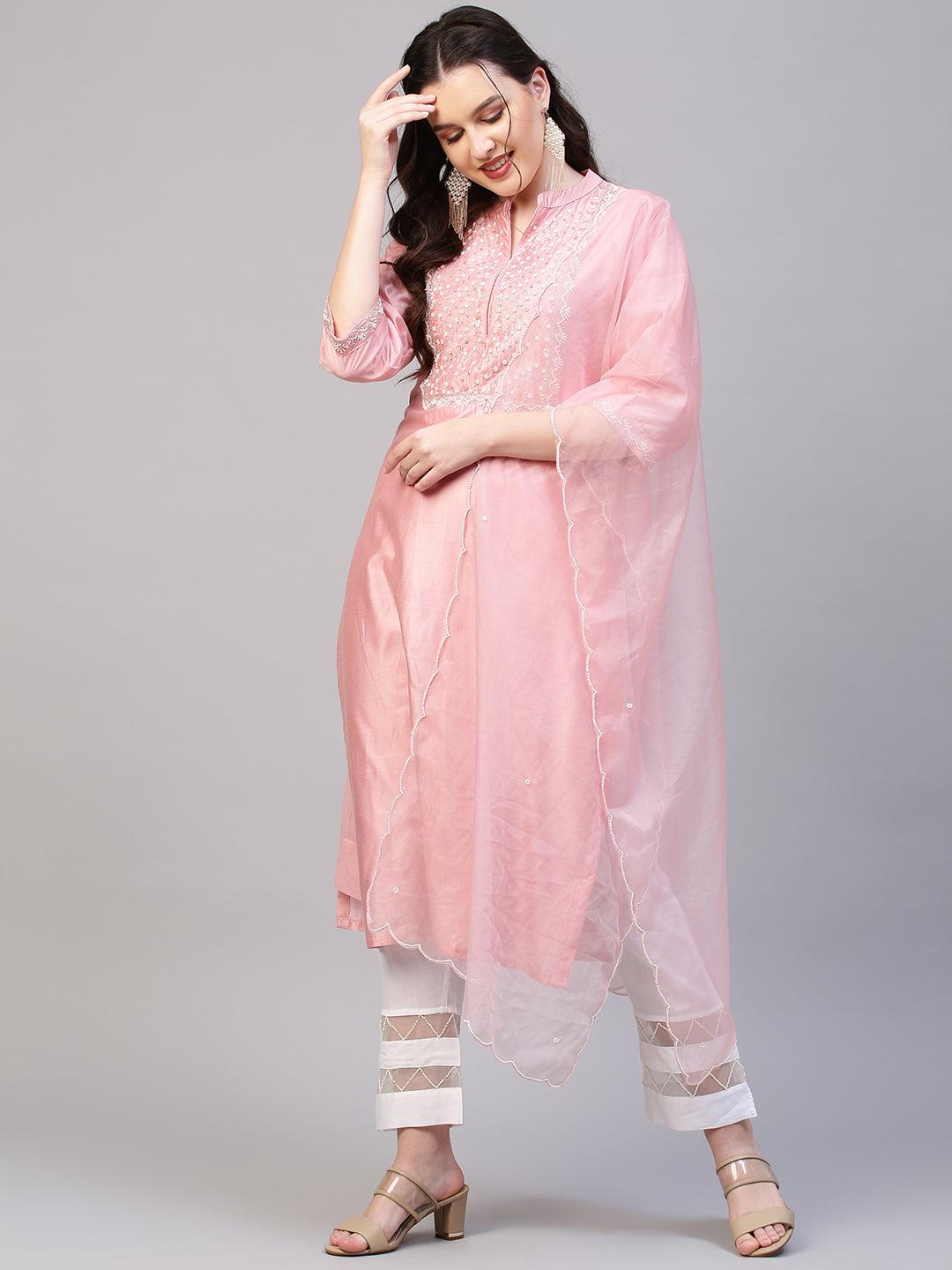 Floral Hand Embroidered Kurta with Dupatta - Pink - Indiakreations