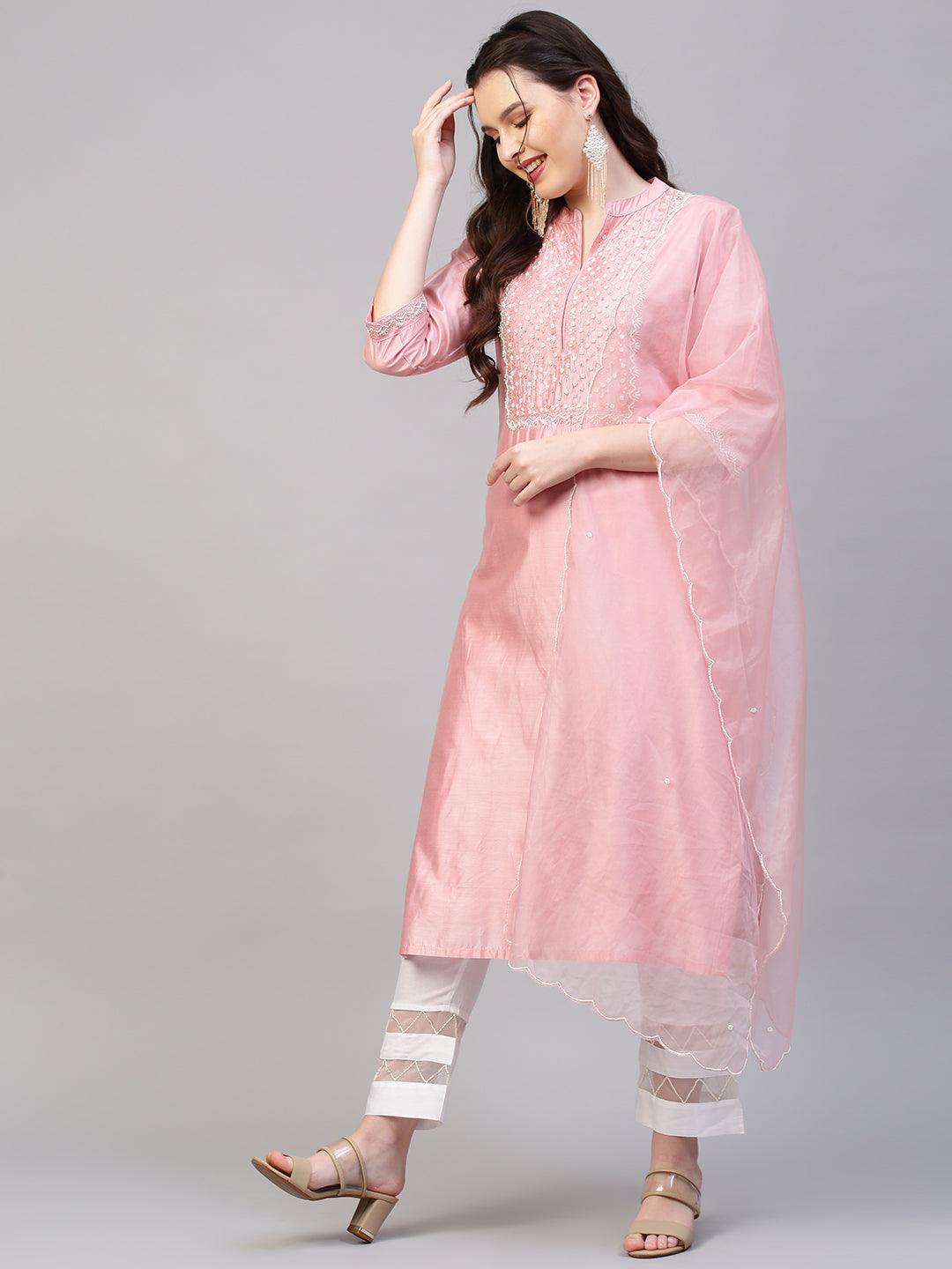 Floral Hand Embroidered Kurta with Dupatta - Pink - Indiakreations