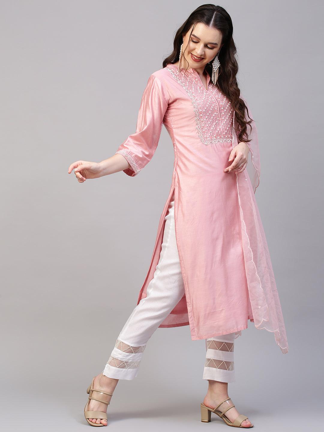 Floral Hand Embroidered Kurta with Dupatta - Pink - Indiakreations