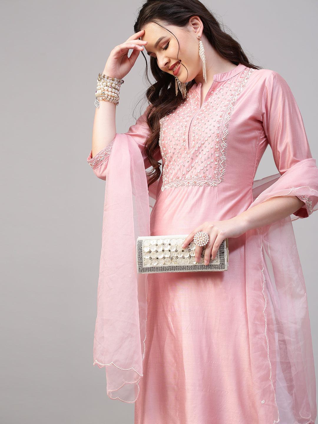 Floral Hand Embroidered Kurta with Dupatta - Pink - Indiakreations