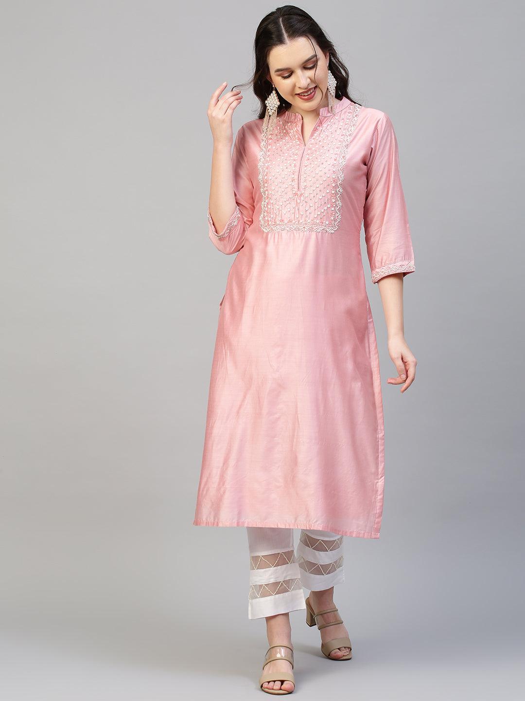 Floral Hand Embroidered Kurta with Dupatta - Pink - Indiakreations