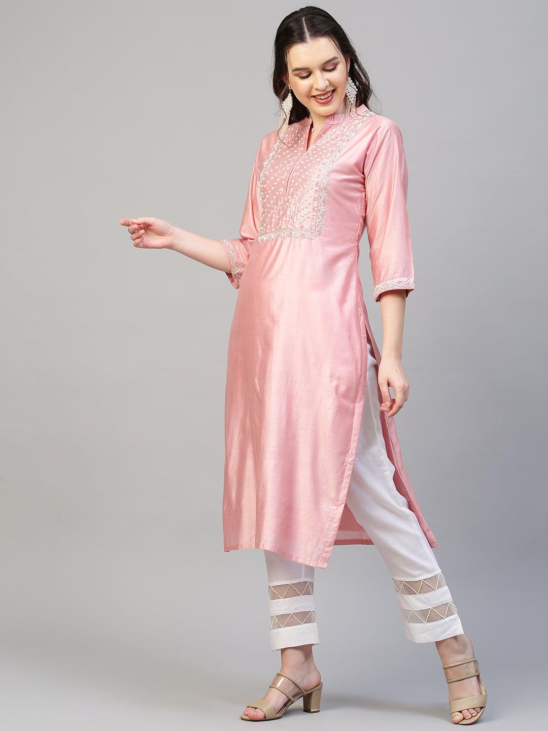 Floral Hand Embroidered Kurta with Dupatta - Pink - Indiakreations