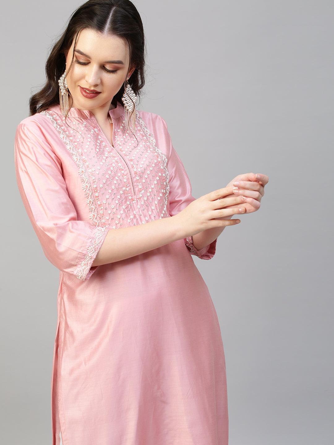 Floral Hand Embroidered Kurta with Dupatta - Pink - Indiakreations