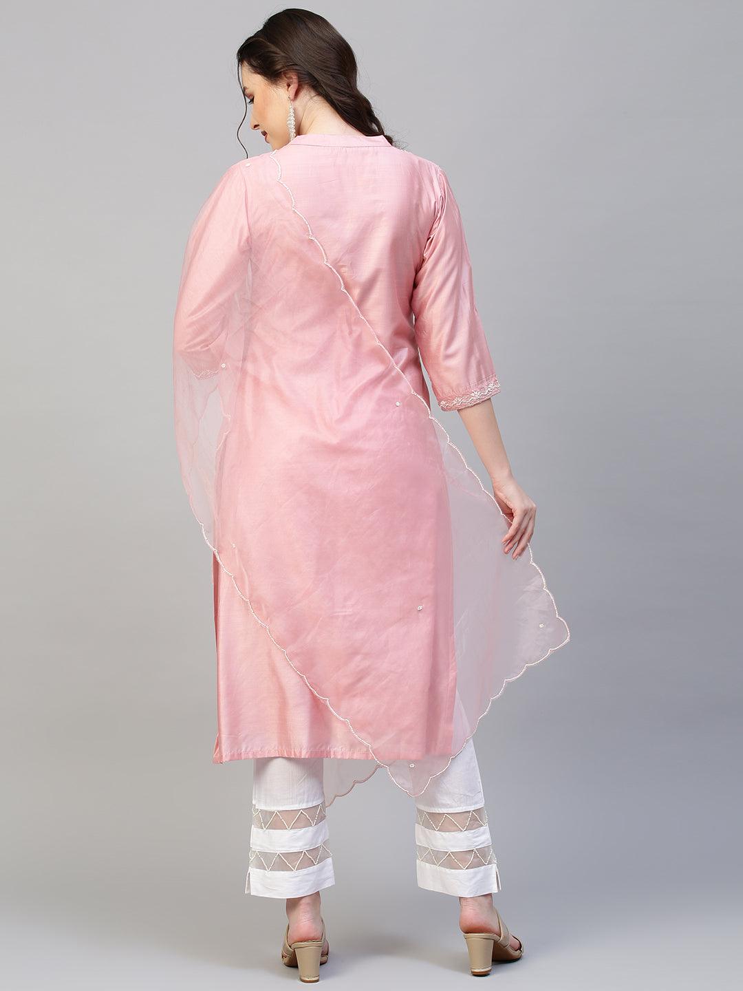 Floral Hand Embroidered Kurta with Dupatta - Pink - Indiakreations