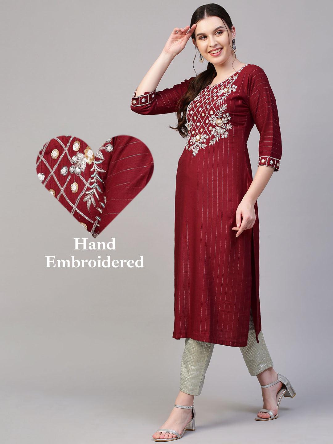 Floral Hand Embroidered & Lurex Striped Straight Fit Kurta - Maroon - Indiakreations