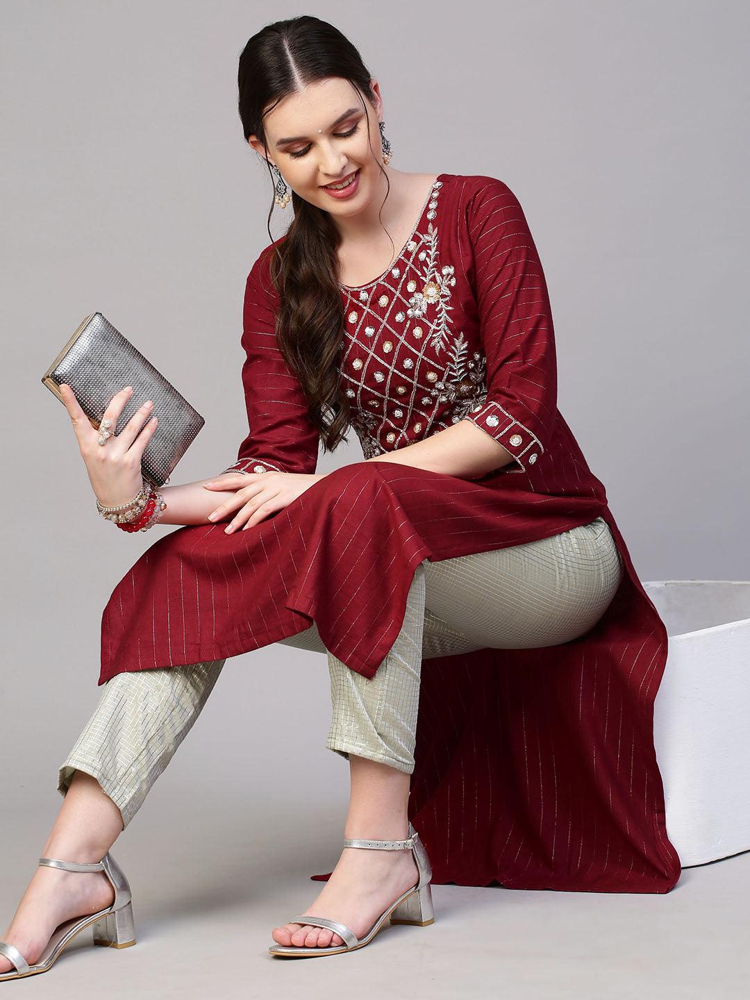 Floral Hand Embroidered & Lurex Striped Straight Fit Kurta - Maroon - Indiakreations