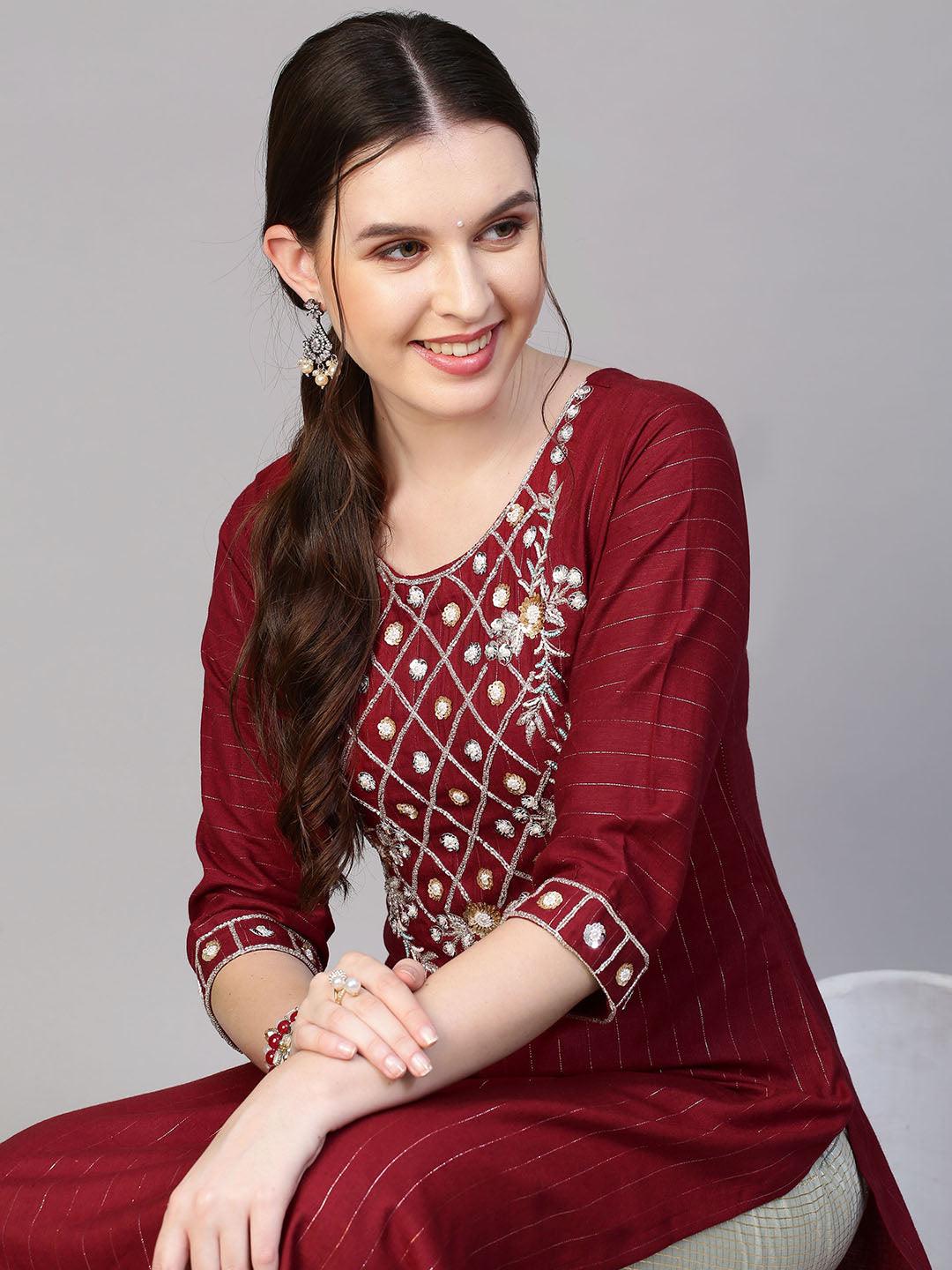 Floral Hand Embroidered & Lurex Striped Straight Fit Kurta - Maroon - Indiakreations