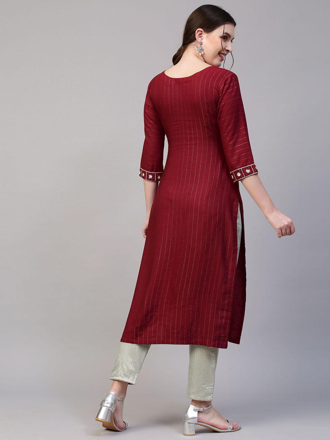 Floral Hand Embroidered & Lurex Striped Straight Fit Kurta - Maroon - Indiakreations