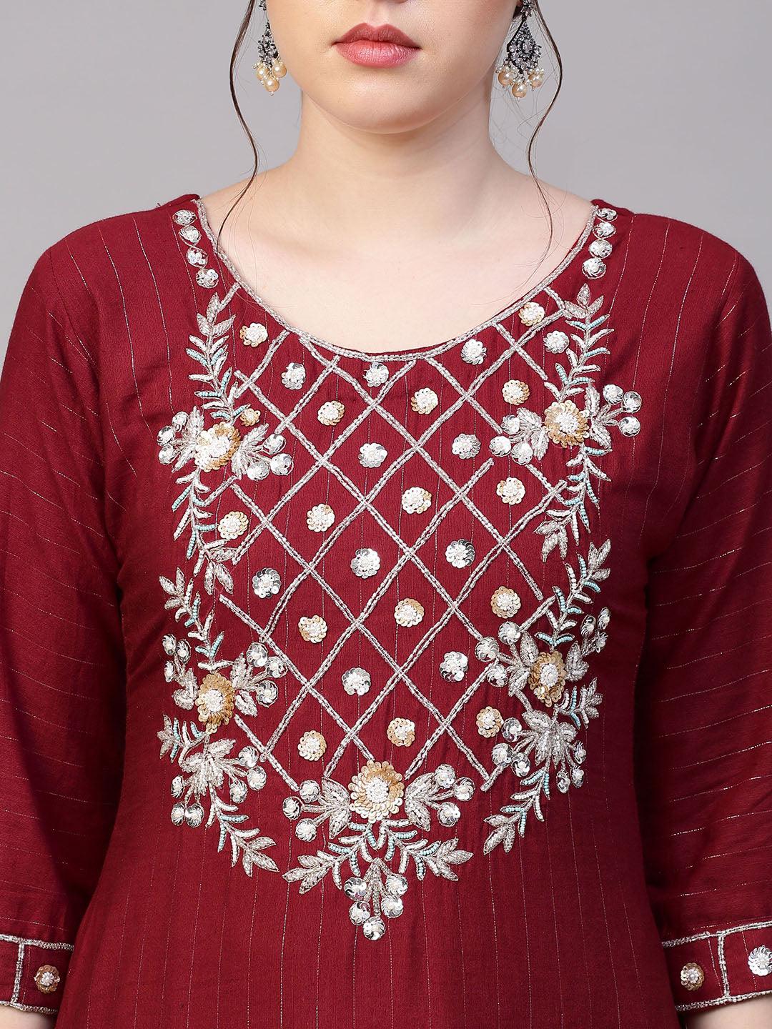 Floral Hand Embroidered & Lurex Striped Straight Fit Kurta - Maroon - Indiakreations