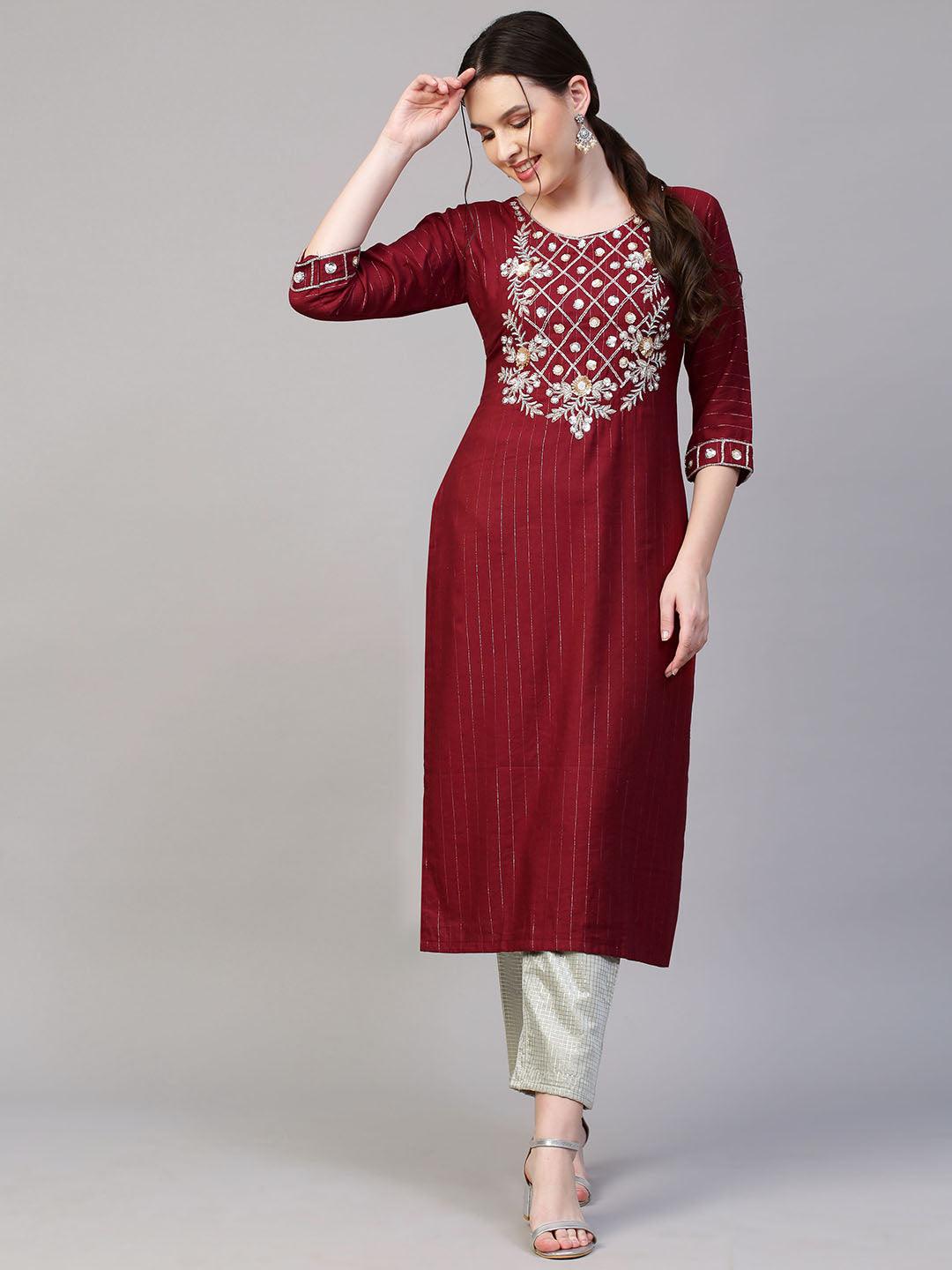 Floral Hand Embroidered & Lurex Striped Straight Fit Kurta - Maroon - Indiakreations