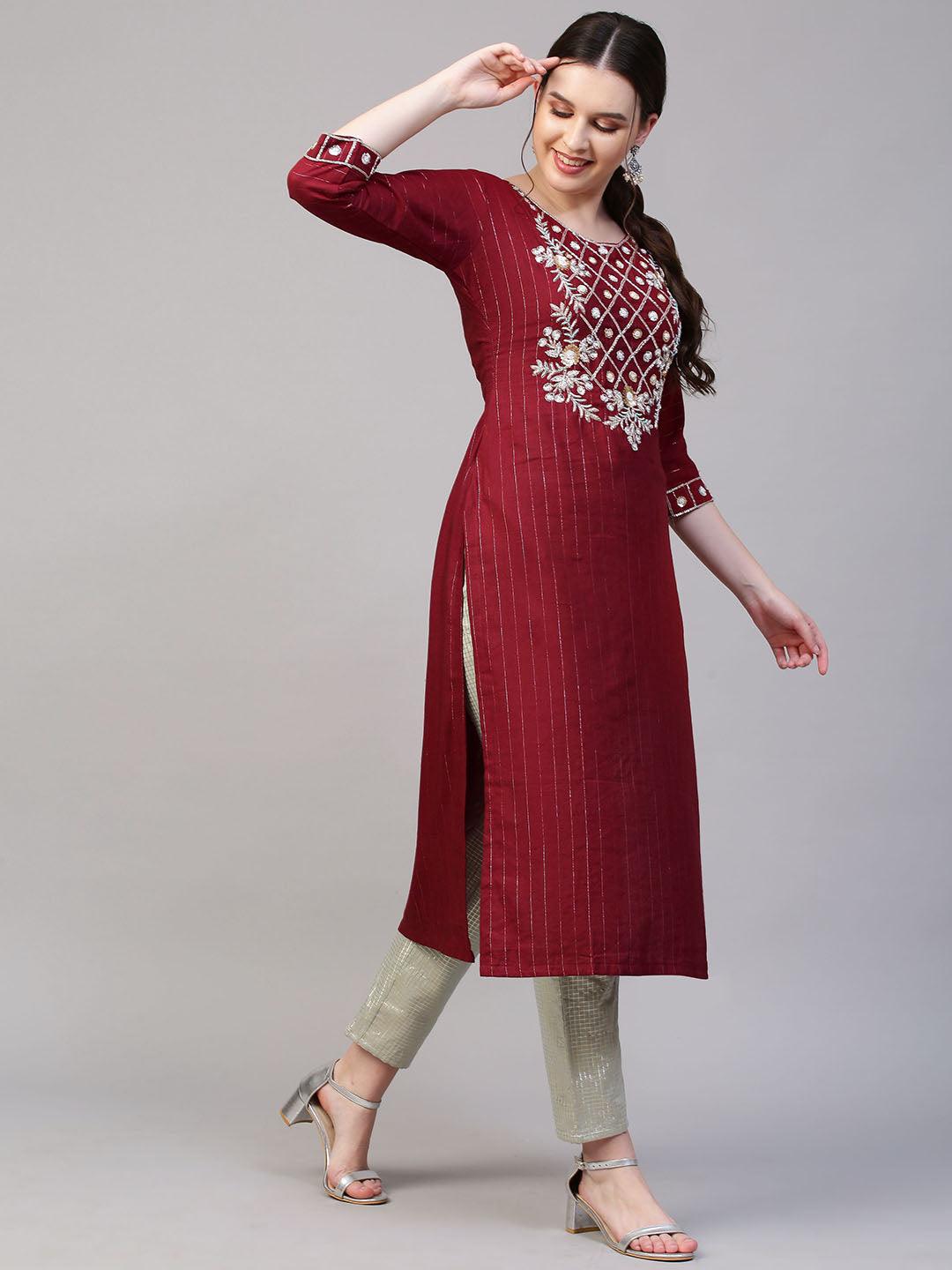 Floral Hand Embroidered & Lurex Striped Straight Fit Kurta - Maroon - Indiakreations