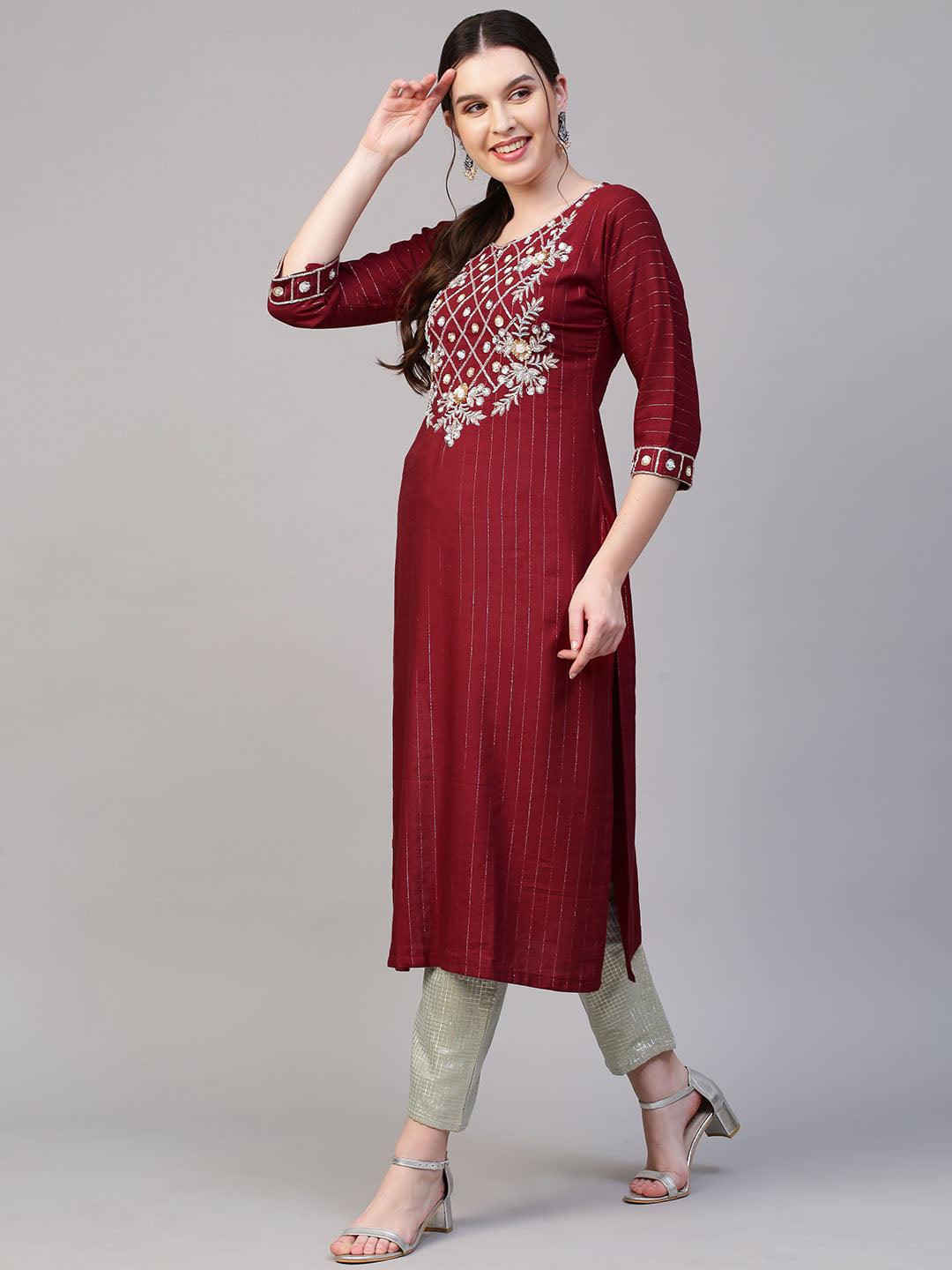 Floral Hand Embroidered & Lurex Striped Straight Fit Kurta - Maroon - Indiakreations