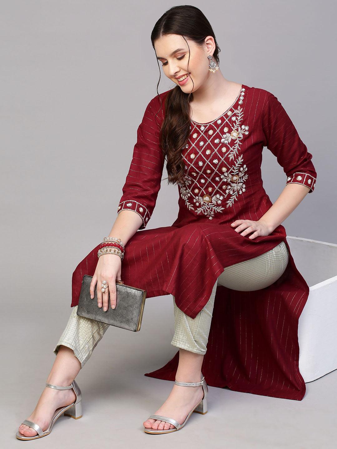 Floral Hand Embroidered & Lurex Striped Straight Fit Kurta - Maroon - Indiakreations