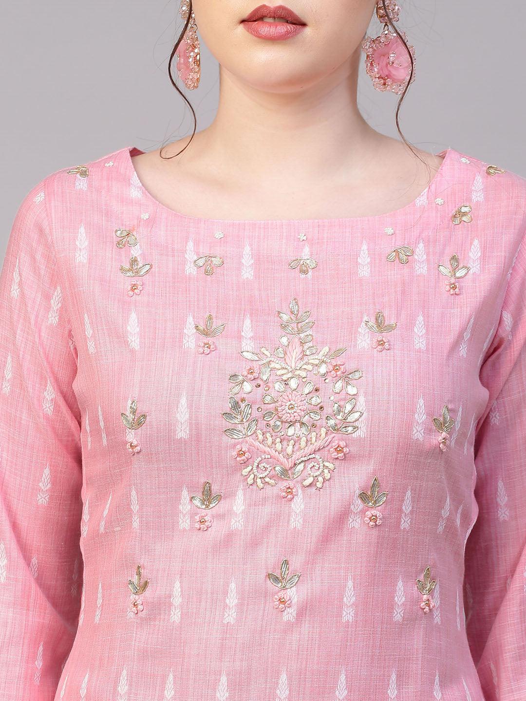 Floral Hand Embroidered Straight Fit Kurta with Pants & Dupatta - Pink - Indiakreations