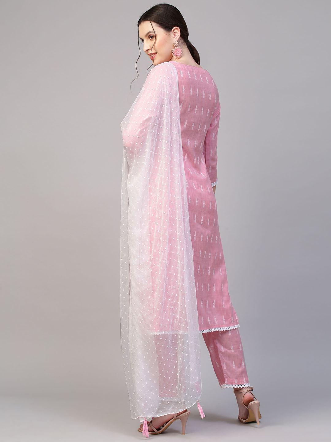 Floral Hand Embroidered Straight Fit Kurta with Pants & Dupatta - Pink - Indiakreations