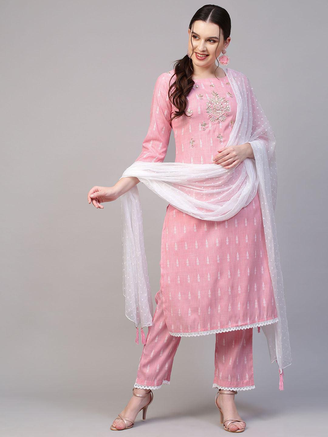 Floral Hand Embroidered Straight Fit Kurta with Pants & Dupatta - Pink - Indiakreations