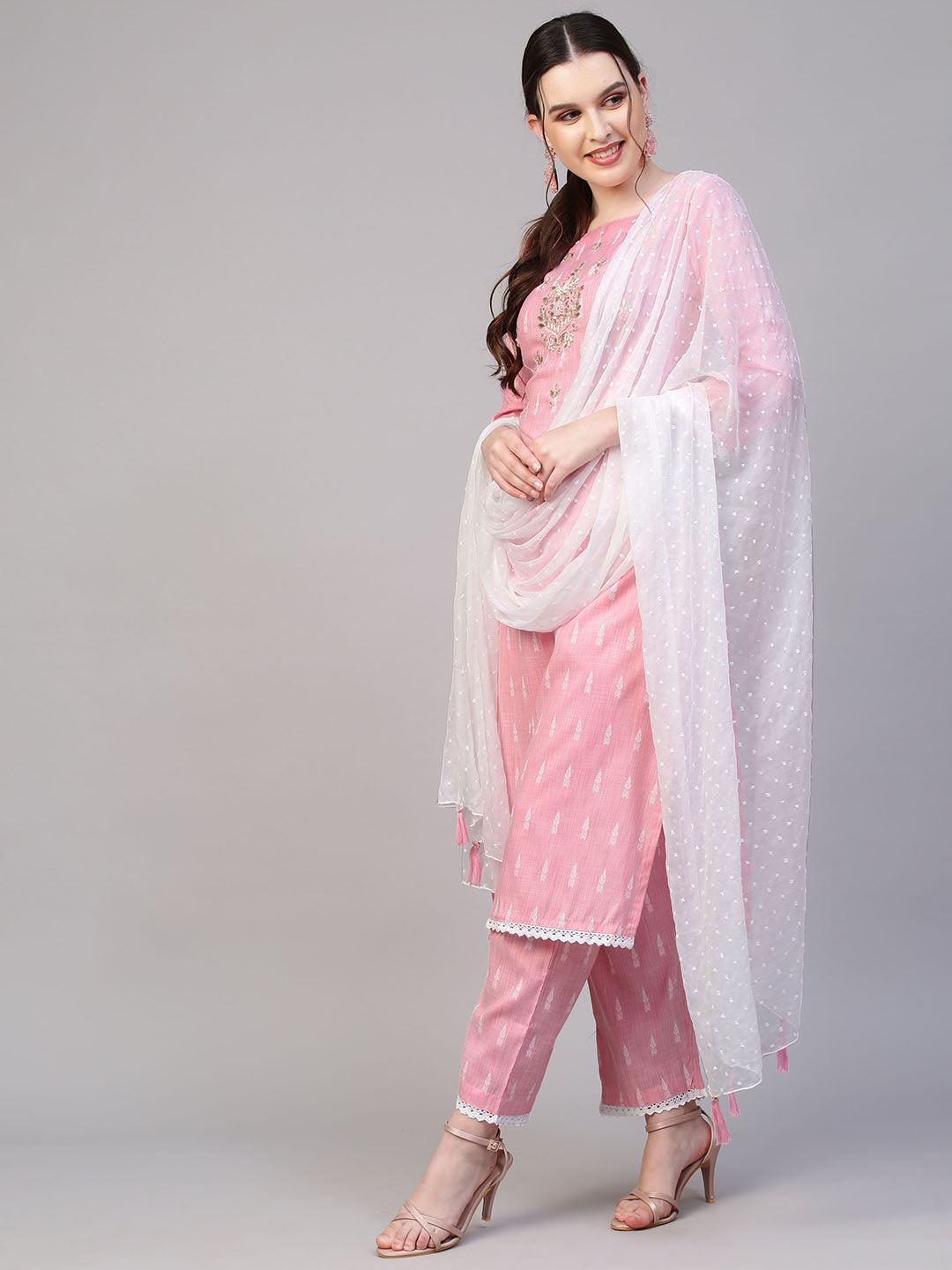 Floral Hand Embroidered Straight Fit Kurta with Pants & Dupatta - Pink - Indiakreations