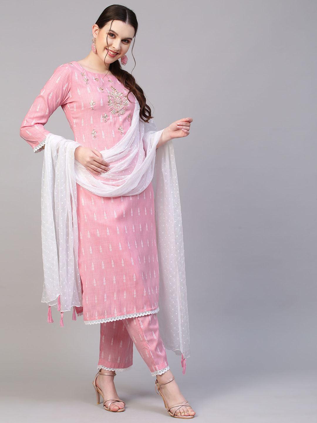 Floral Hand Embroidered Straight Fit Kurta with Pants & Dupatta - Pink - Indiakreations