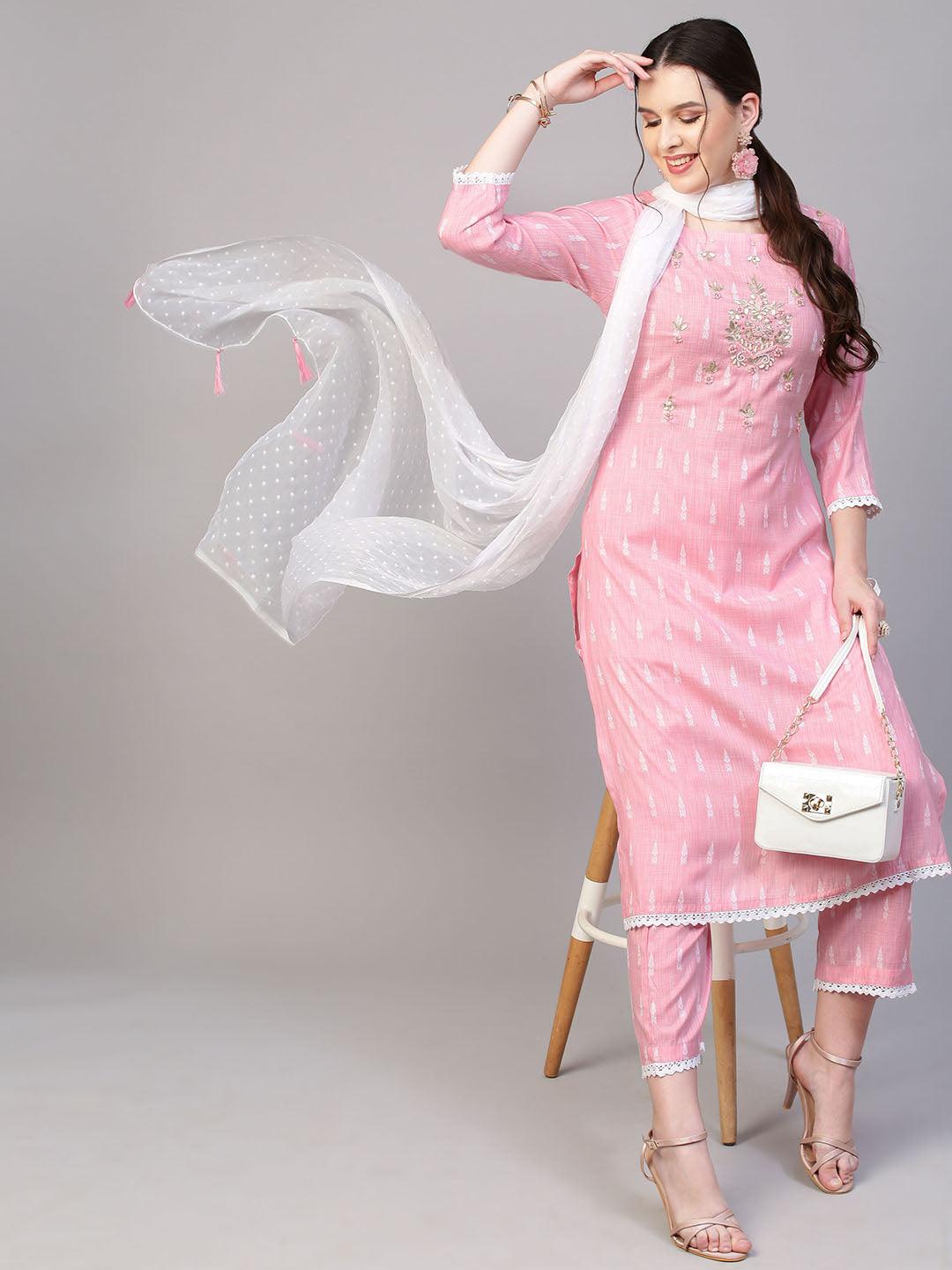 Floral Hand Embroidered Straight Fit Kurta with Pants & Dupatta - Pink - Indiakreations