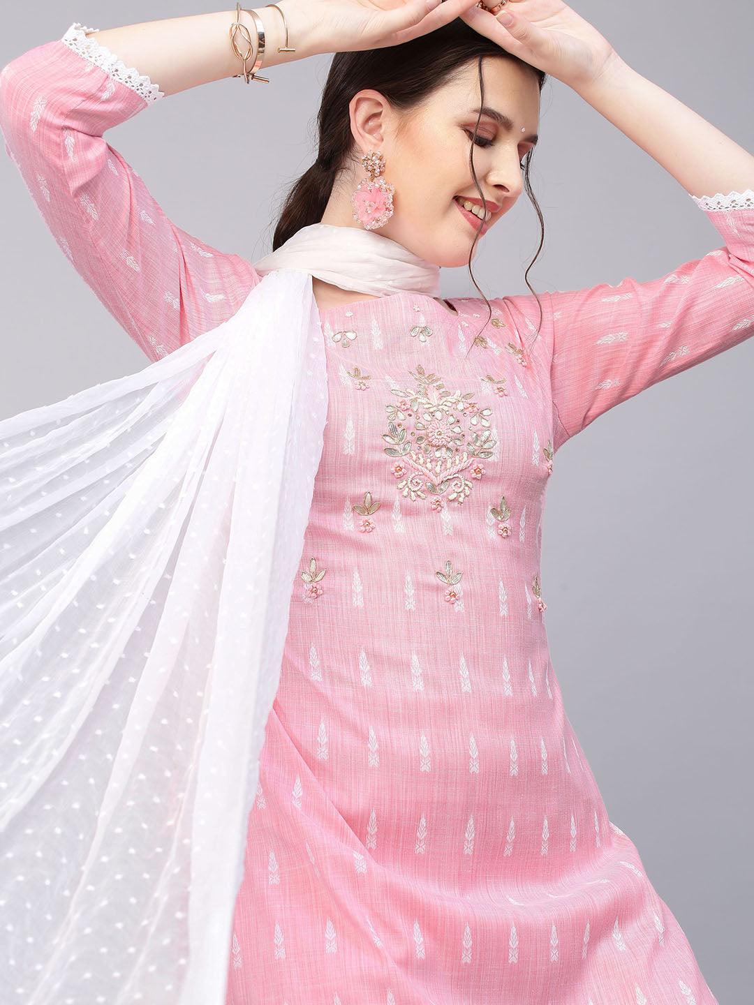 Floral Hand Embroidered Straight Fit Kurta with Pants & Dupatta - Pink - Indiakreations