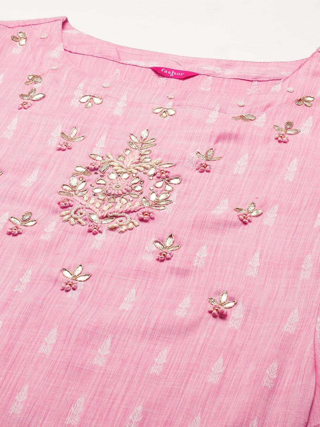 Floral Hand Embroidered Straight Fit Kurta with Pants & Dupatta - Pink - Indiakreations