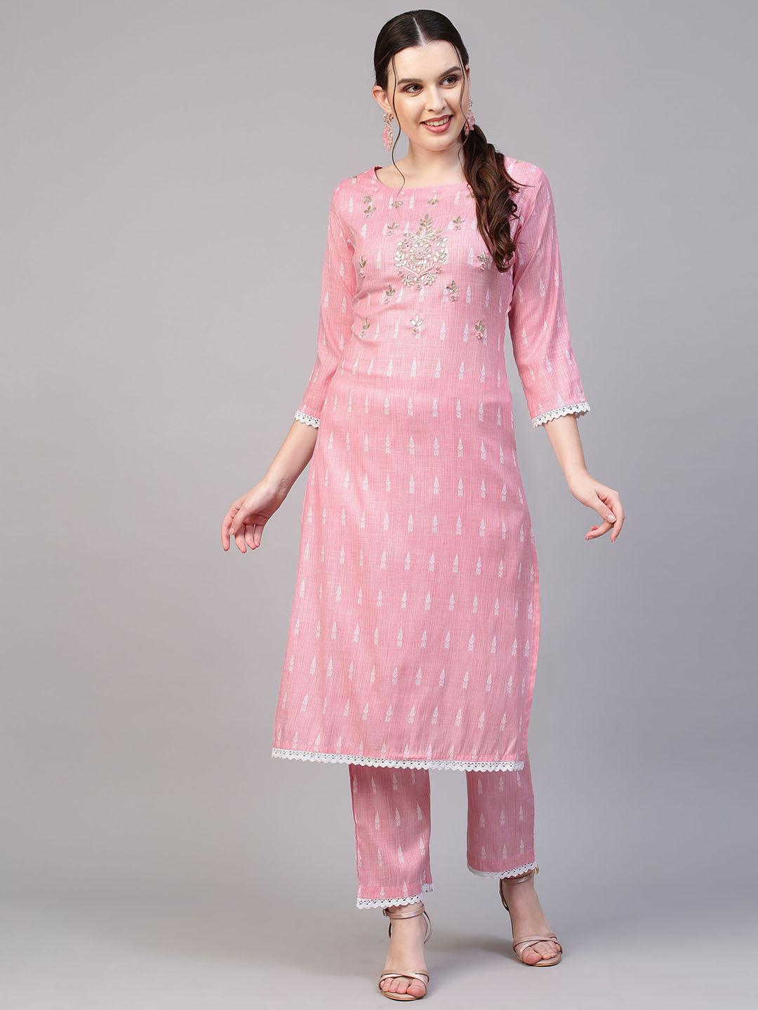 Floral Hand Embroidered Straight Fit Kurta with Pants & Dupatta - Pink - Indiakreations