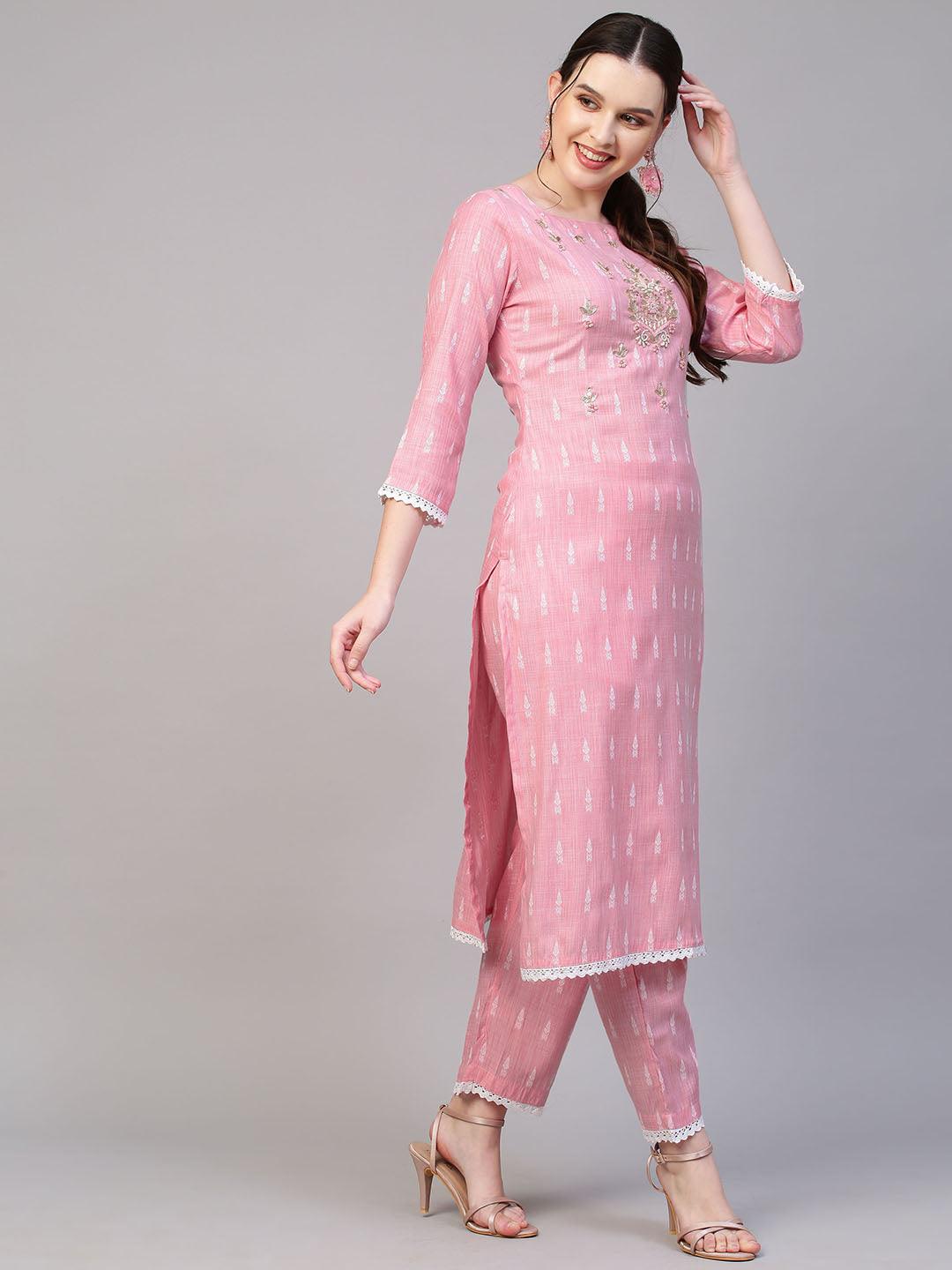 Floral Hand Embroidered Straight Fit Kurta with Pants & Dupatta - Pink - Indiakreations