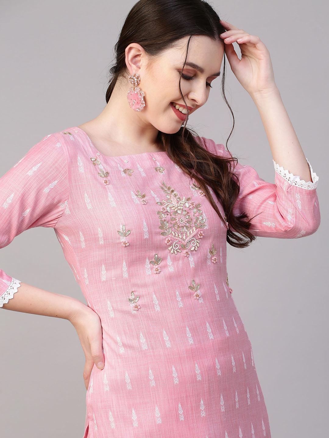 Floral Hand Embroidered Straight Fit Kurta with Pants & Dupatta - Pink - Indiakreations