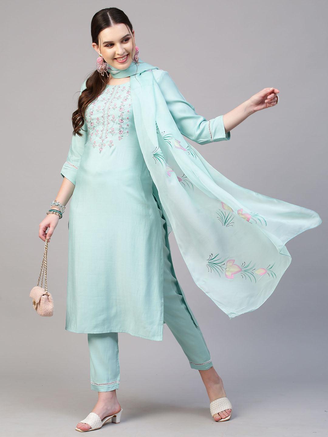 Floral Embroidered Kurta with Pants & Hand Painted Dupatta - Light Turquoise - Indiakreations