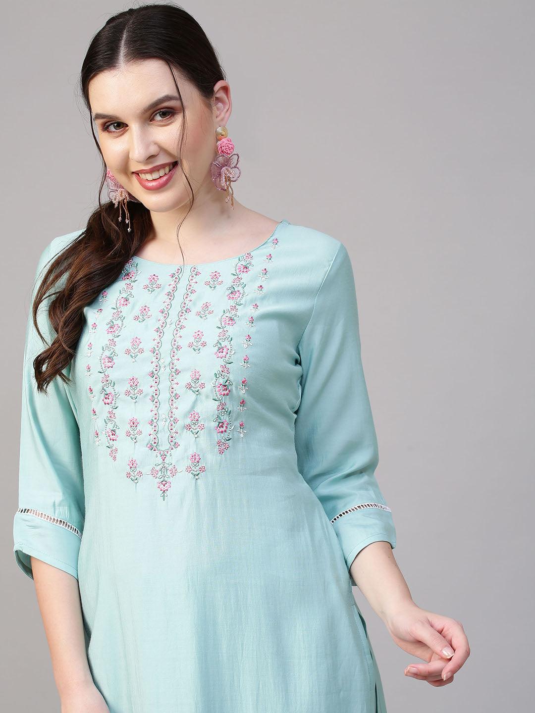 Floral Embroidered Kurta with Pants & Hand Painted Dupatta - Light Turquoise - Indiakreations