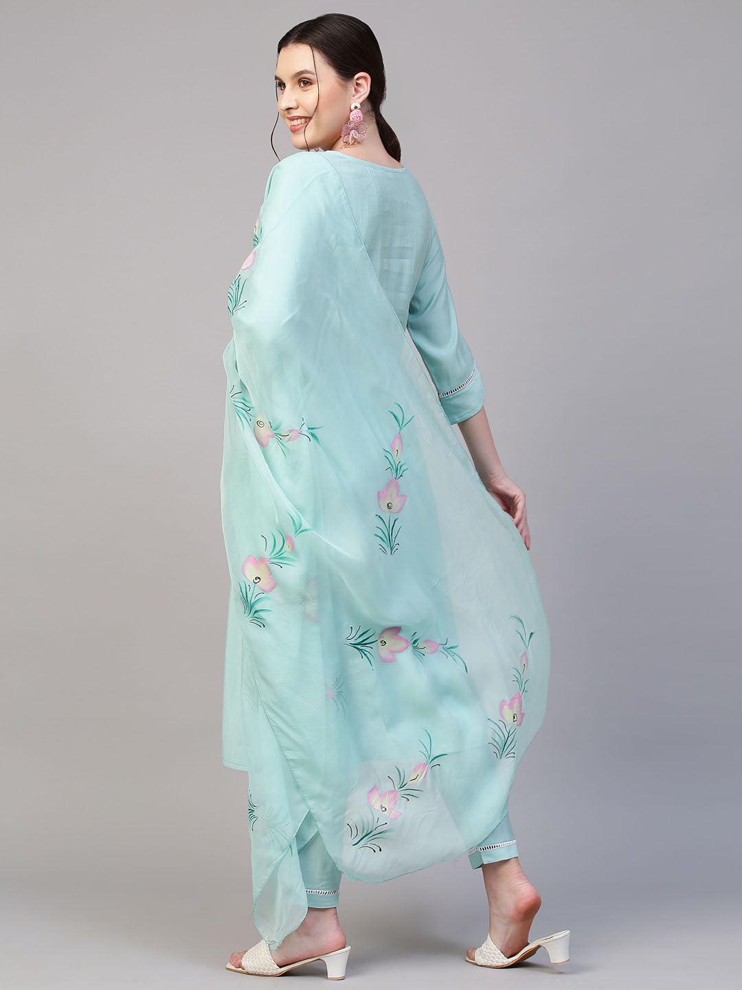 Floral Embroidered Kurta with Pants & Hand Painted Dupatta - Light Turquoise - Indiakreations