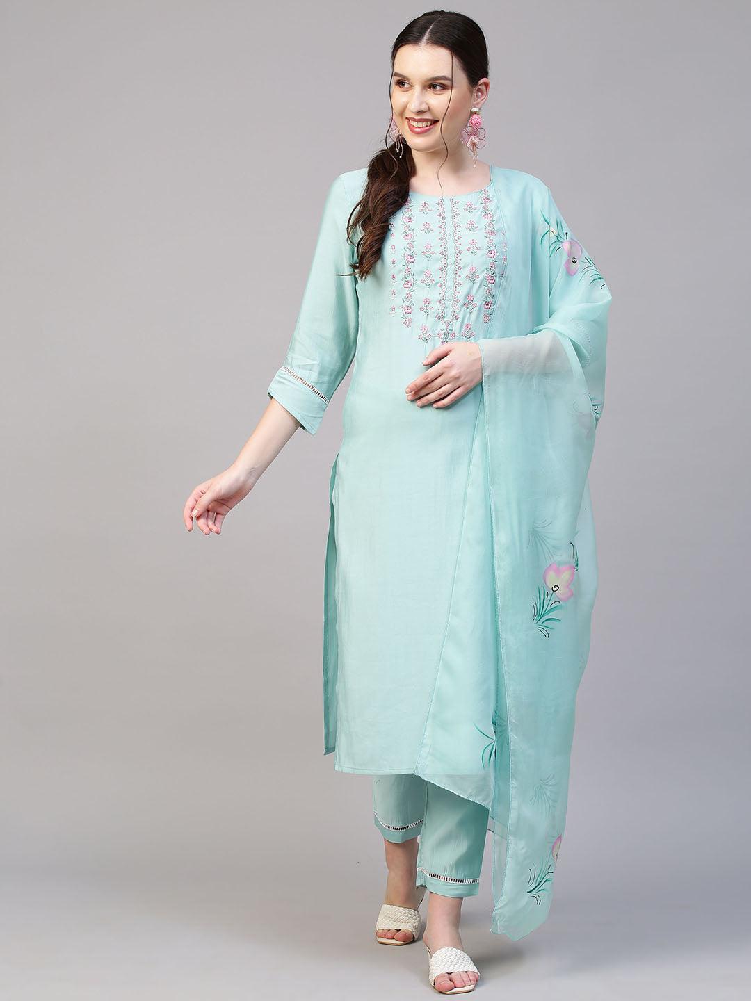 Floral Embroidered Kurta with Pants & Hand Painted Dupatta - Light Turquoise - Indiakreations