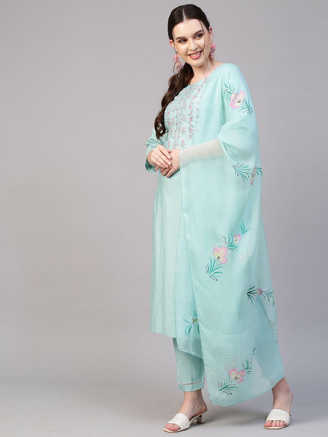 Floral Embroidered Kurta with Pants & Hand Painted Dupatta - Light Turquoise - Indiakreations