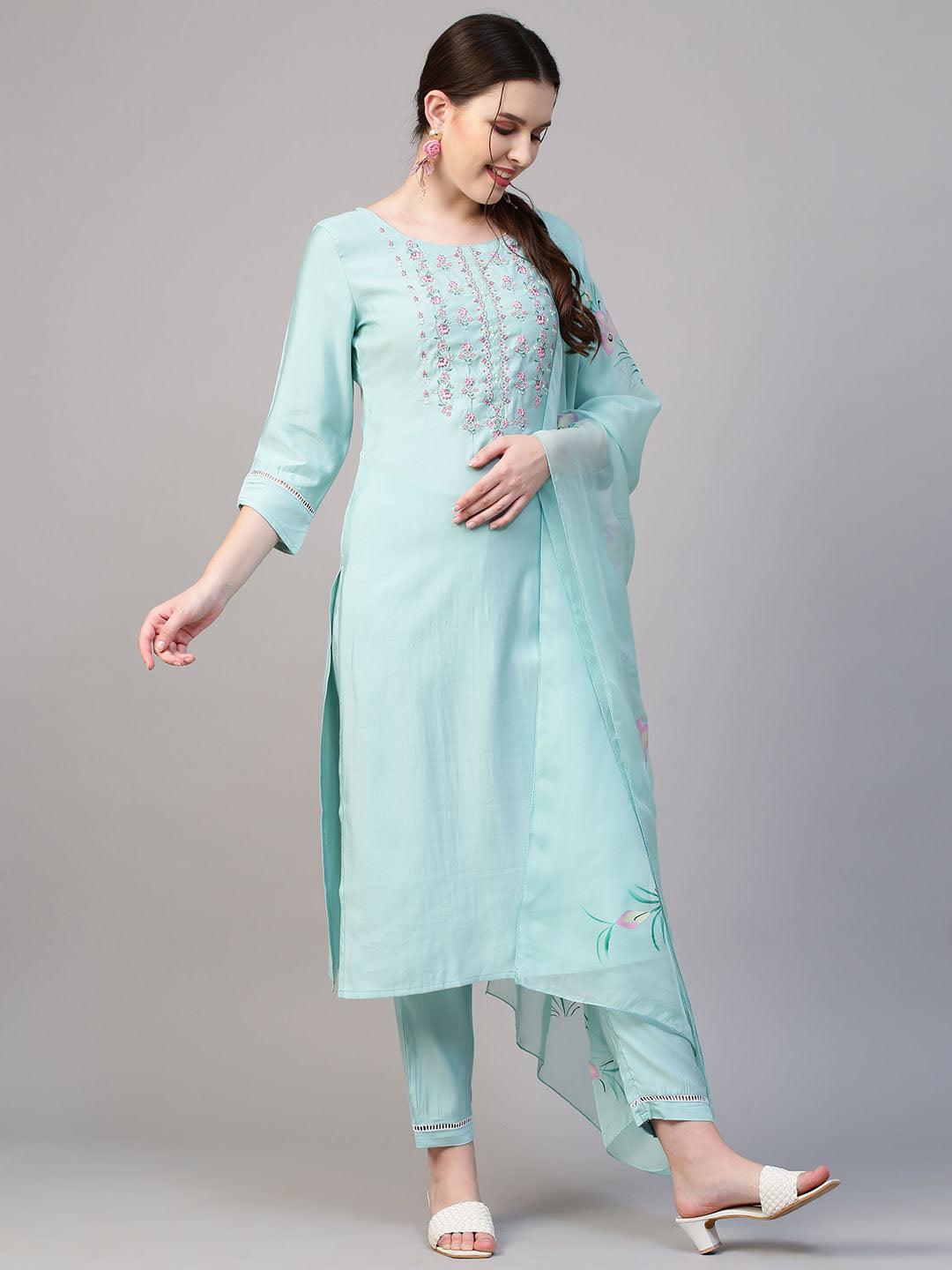 Floral Embroidered Kurta with Pants & Hand Painted Dupatta - Light Turquoise - Indiakreations