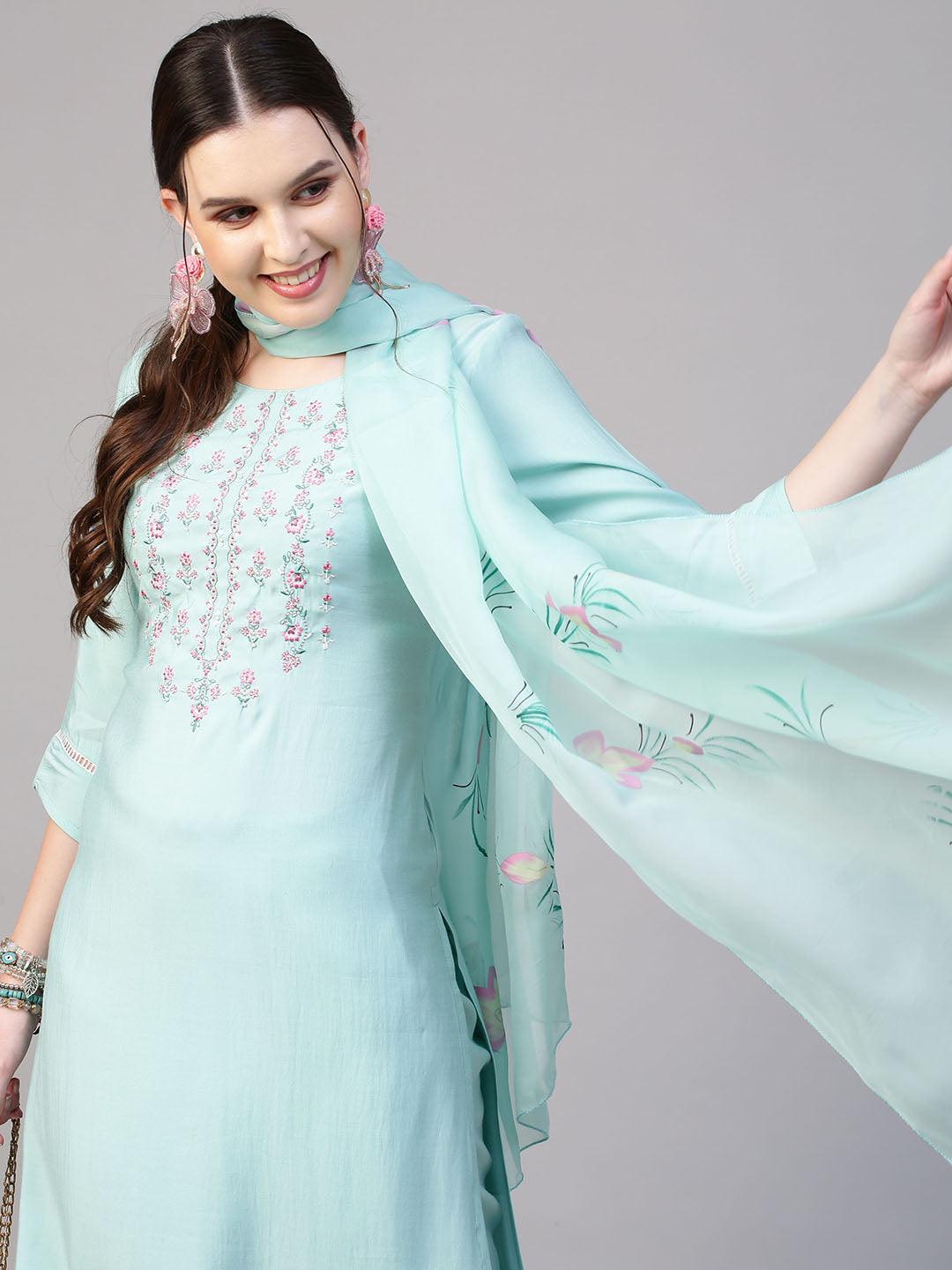 Floral Embroidered Kurta with Pants & Hand Painted Dupatta - Light Turquoise - Indiakreations