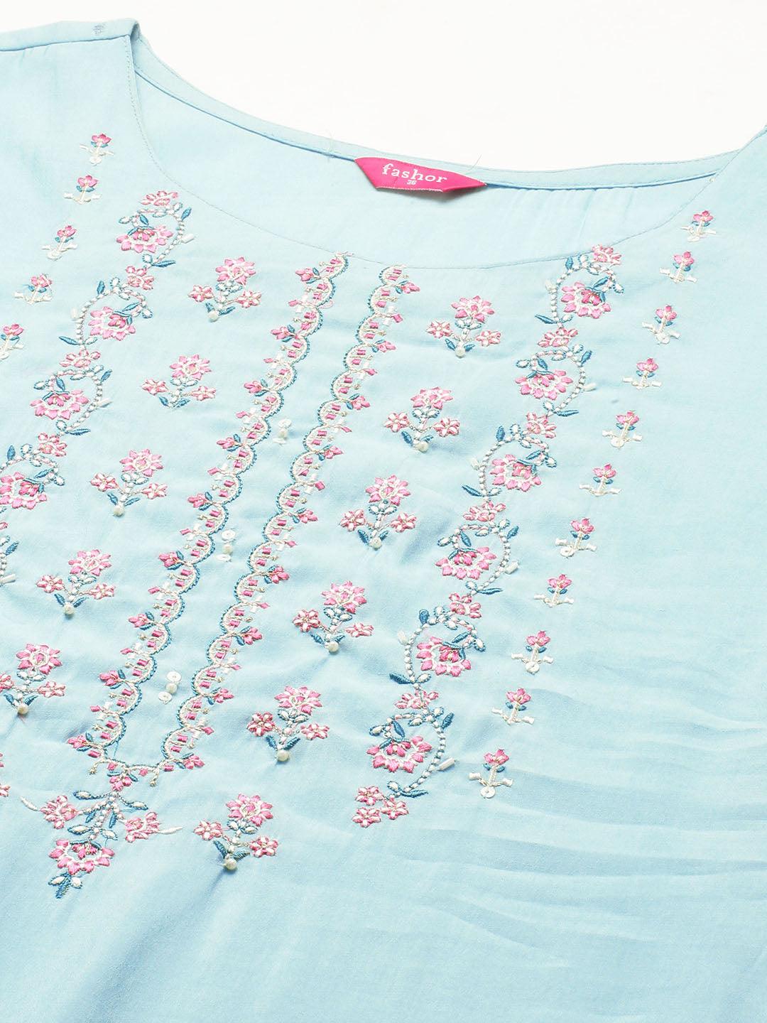 Floral Embroidered Kurta with Pants & Hand Painted Dupatta - Light Turquoise - Indiakreations