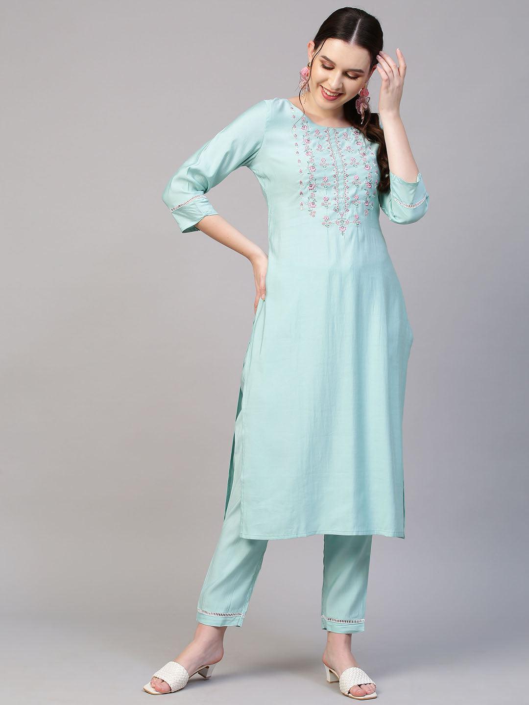 Floral Embroidered Kurta with Pants & Hand Painted Dupatta - Light Turquoise - Indiakreations