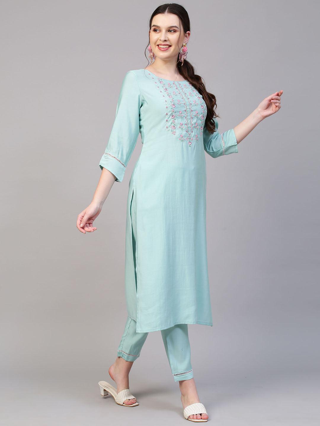 Floral Embroidered Kurta with Pants & Hand Painted Dupatta - Light Turquoise - Indiakreations