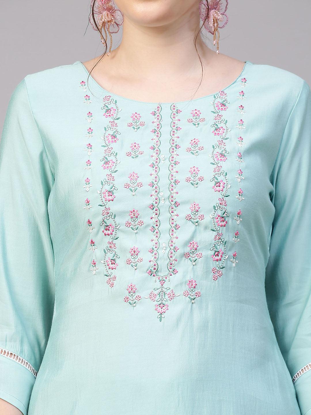 Floral Embroidered Kurta with Pants & Hand Painted Dupatta - Light Turquoise - Indiakreations