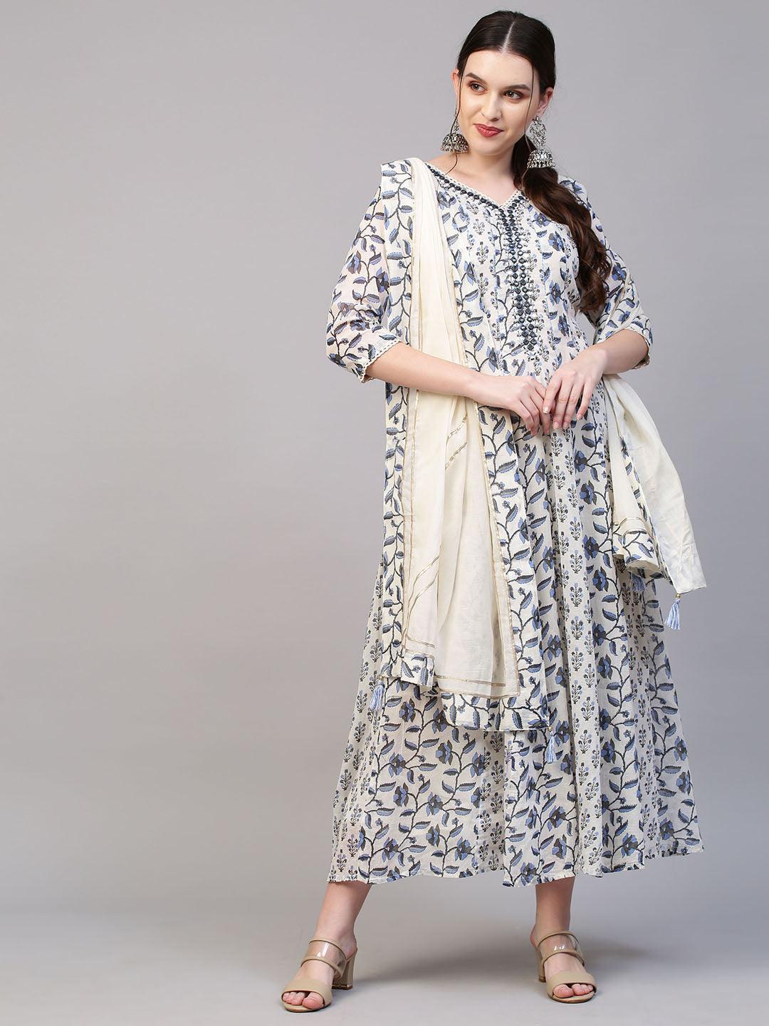 Floral Printed & Mirror Embroidered Anarkali Maxi Dress with Dupatta - Off White - Indiakreations