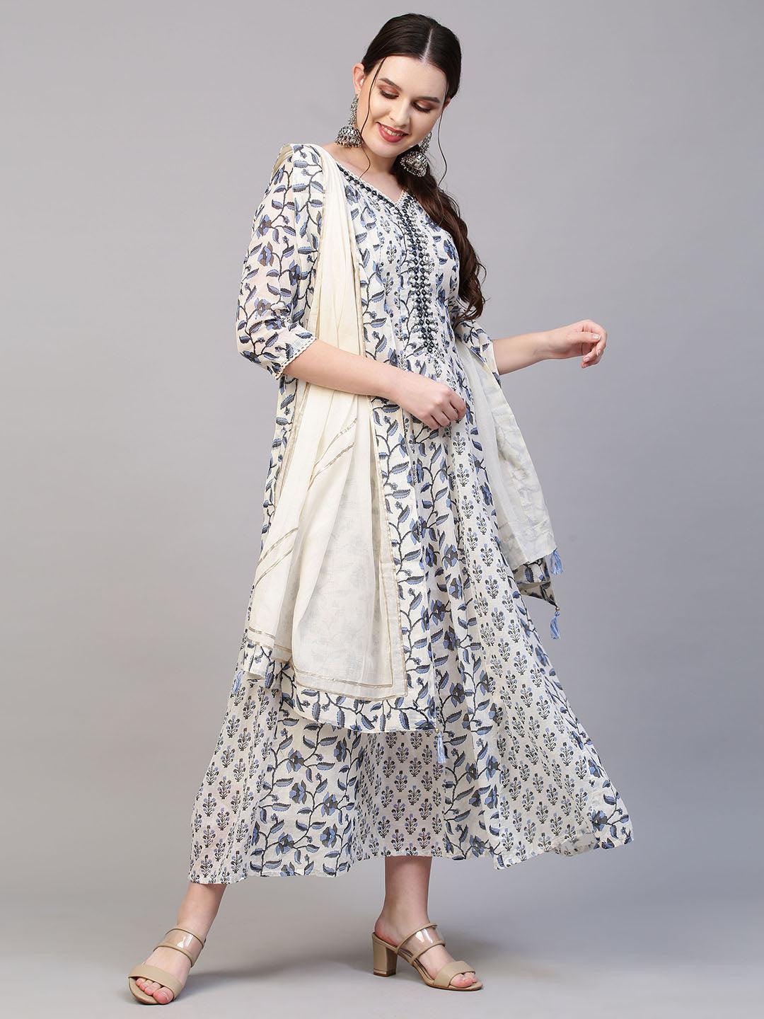 Floral Printed & Mirror Embroidered Anarkali Maxi Dress with Dupatta - Off White - Indiakreations