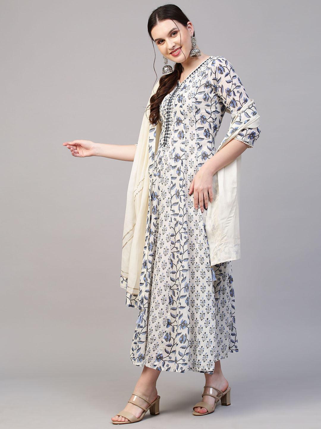 Floral Printed & Mirror Embroidered Anarkali Maxi Dress with Dupatta - Off White - Indiakreations