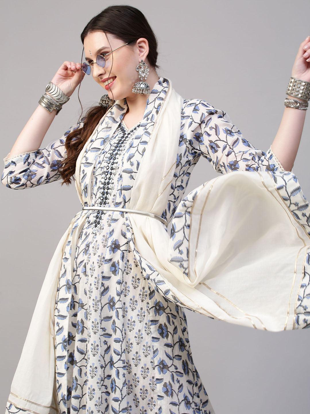 Floral Printed & Mirror Embroidered Anarkali Maxi Dress with Dupatta - Off White - Indiakreations