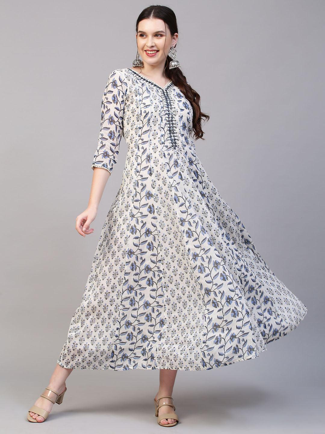 Floral Printed & Mirror Embroidered Anarkali Maxi Dress with Dupatta - Off White - Indiakreations