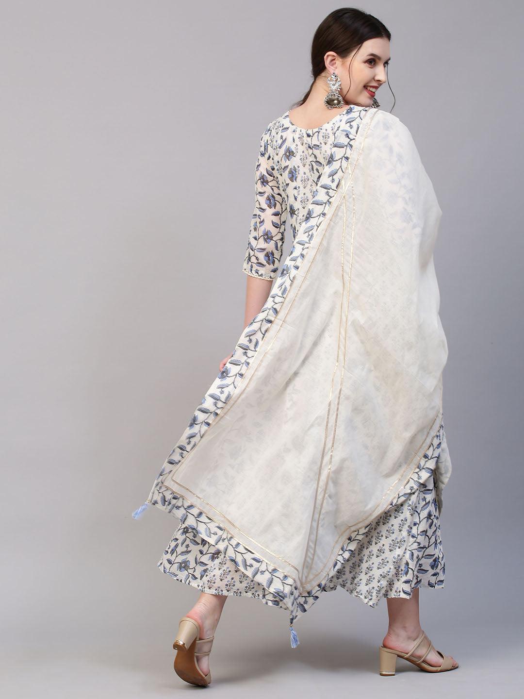 Floral Printed & Mirror Embroidered Anarkali Maxi Dress with Dupatta - Off White - Indiakreations