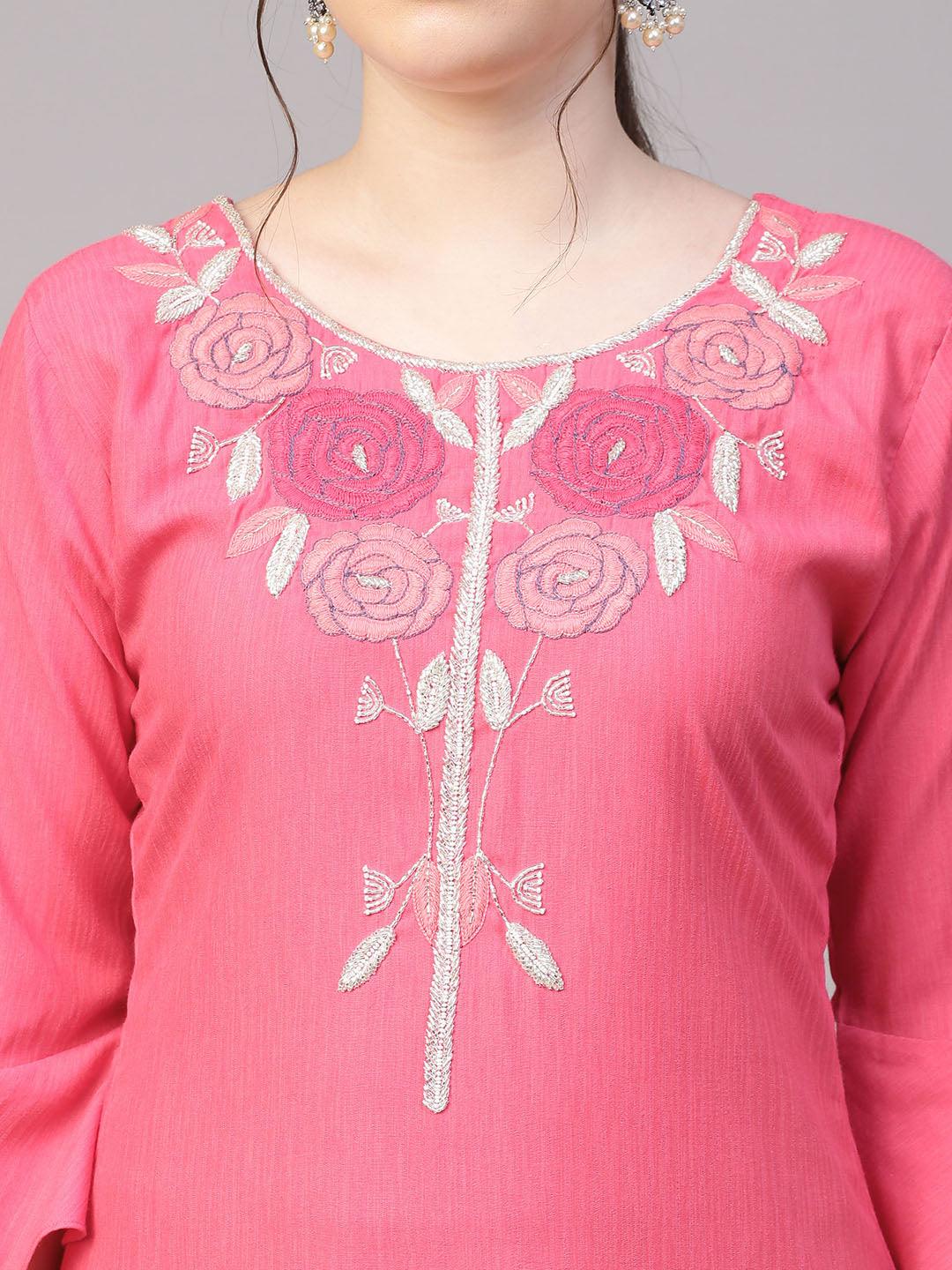 Floral Hand Embroidered Straight Fit Kurta - Pink - Indiakreations